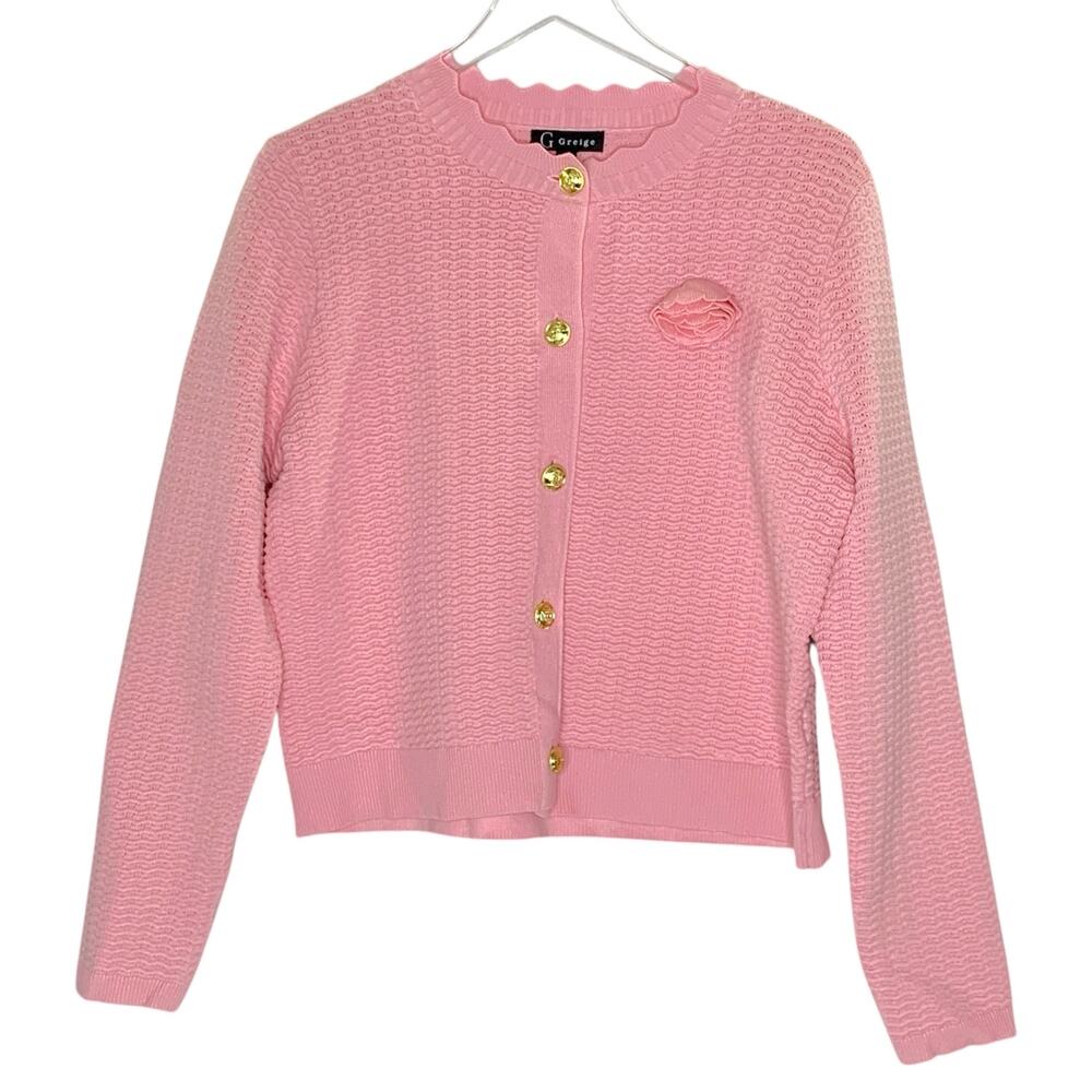Greige L Womens Pink Knit Cardigan Sweater Gold Button Flower Detail Classic